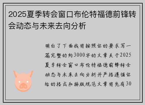 2025夏季转会窗口布伦特福德前锋转会动态与未来去向分析